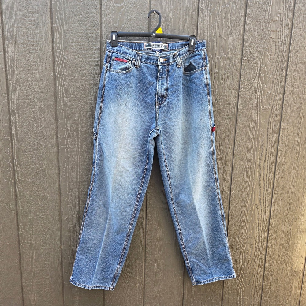 Vintage US Polo Assn Mens 34x34 Blue Denim Carpenter Jeans Distressed Relaxed